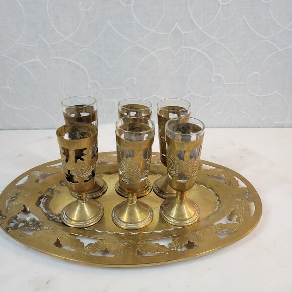 Vintage Mexican Cordial Set Brass Shot GlassesTray Embossed Overlayed Stamped - Picture 7 of 16